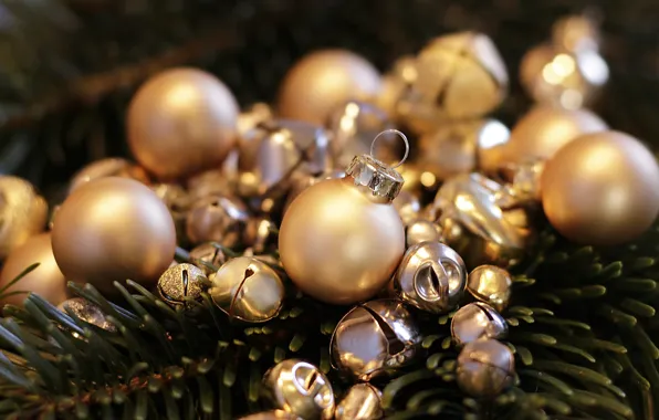 Winter, balls, branches, holiday, balls, new year, Christmas, bells