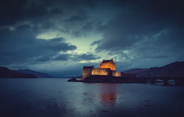 Clouds, mountains, night, bridge, lights, castle, fortress, pond
