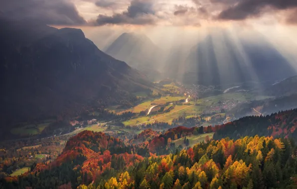 Picture autumn, rays, light, mountains, valley