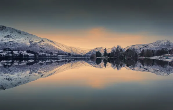 Mountains, lake, reflection, dawn, England, morning, England, The lake district