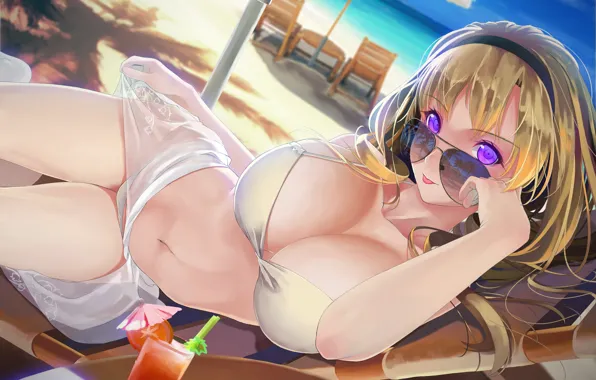 Girl, sexy, beach, long hair, boobs, anime, beautiful, pretty