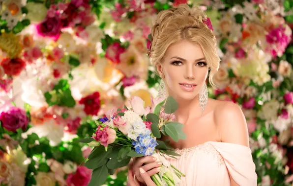 Decoration, flowers, background, bouquet, makeup, dress, hairstyle, blonde