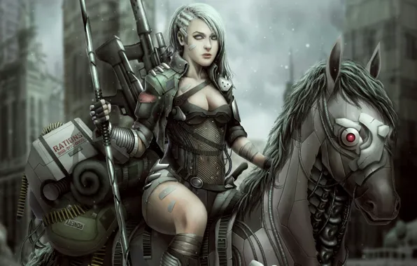 Girl, weapons, horse, horse, cartridges, machines