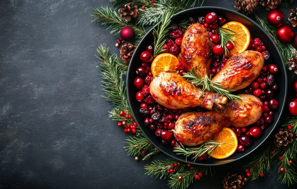 Berries, oranges, chicken, meat, dish, twigs, fried, chicken drumsticks