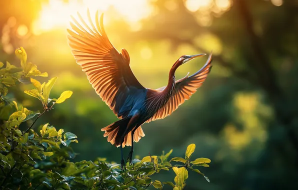 Look, leaves, light, flight, branches, nature, bird, morning
