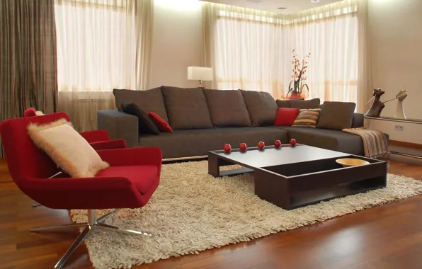 Design, style, room, sofa, red, carpet, apples, furniture
