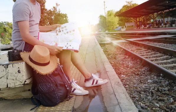 Summer, map, station, hat, traveler, the platform, the camera, guy