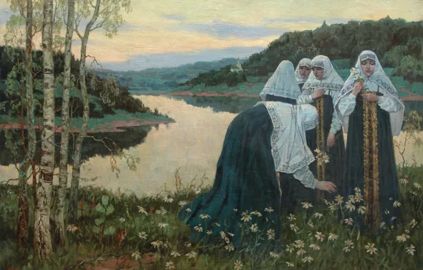 Lake, oil, chamomile, Canvas, The girls on the beach, Mikhail NESTEROV