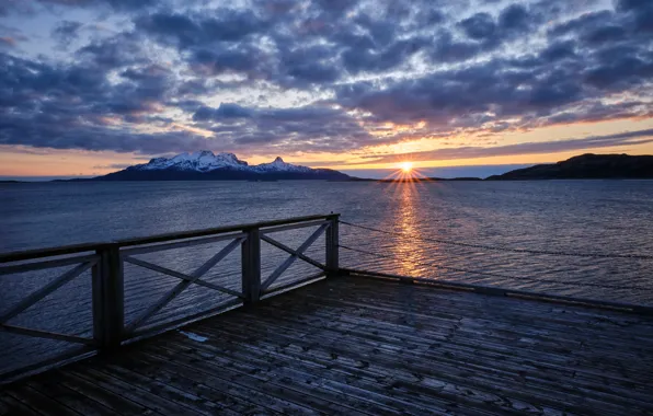 Sea, clouds, sunset, mountains, pier, Norway
