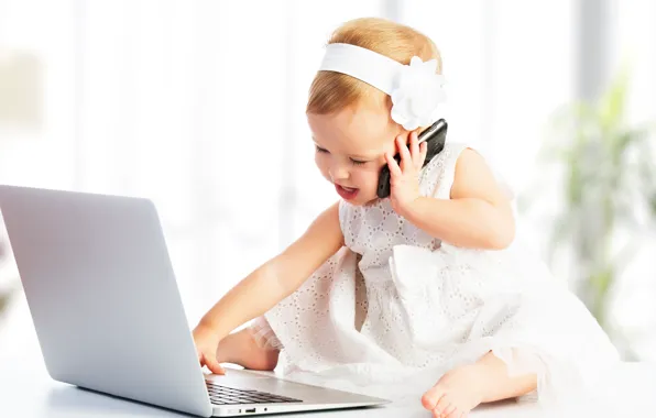 Children, mood, phone, laptop, little girl