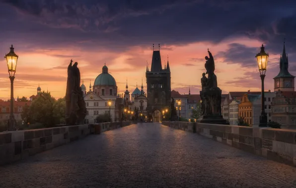 The sky, light, bridge, the city, lights, the evening, morning, Prague