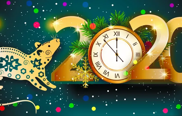 Photo, Watch, Snowflakes, New year, Rat, 2020, Rays of light, Vector graphics