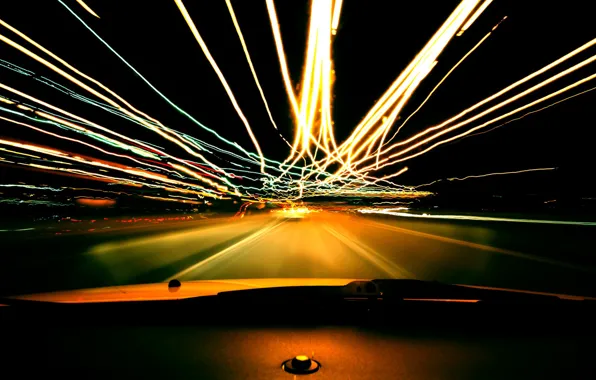 Road, lights, lights, excerpt, rays of light, view from the car
