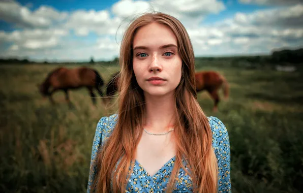 Field, girl, landscape, nature, pose, background, model, portrait