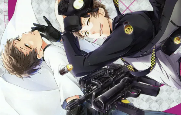 Picture language, machine, gas mask, gloves, guy, cartridges, two, grin