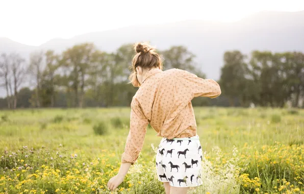 Field, grass, girl, flowers, shorts, horse, shirt