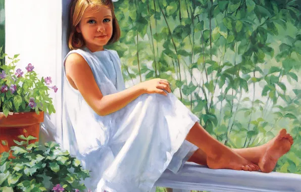 Flowers, girl, painting, Sitting Pretty, Laurie Snow Hein, cute, sitting