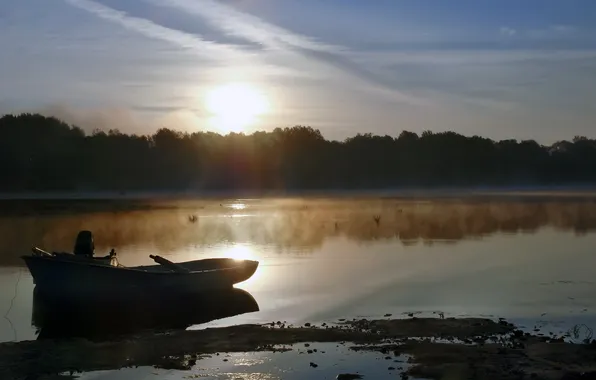 Picture fog, lake, boat, morning