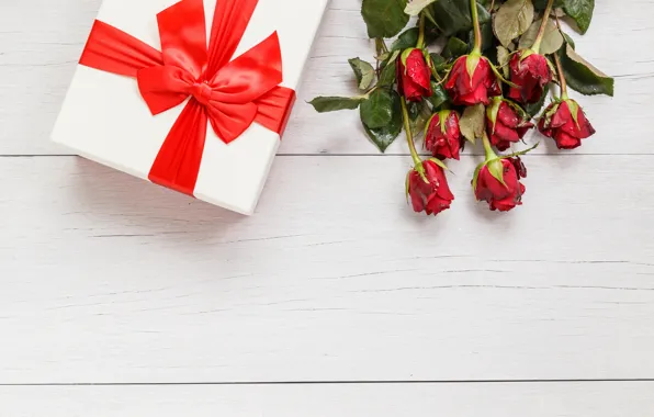 Flowers, gift, roses, bouquet, red, red, buds, wood