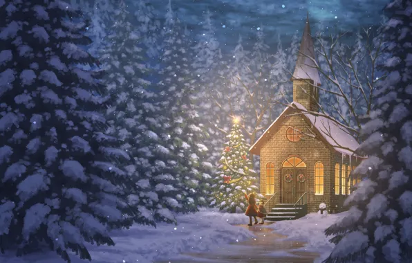 Children, Church, snowman, winter forest, in the woods, new year's eve, two girls, the light …