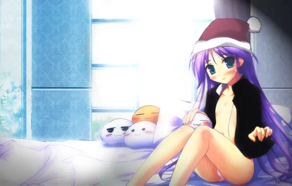 Pillow, girl, window, lilac hair, the Santa hat, sitting on the bed