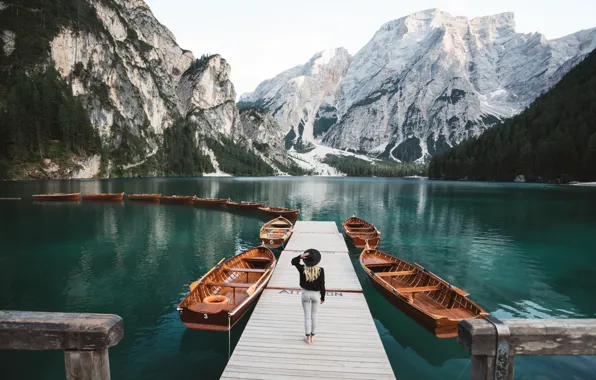 Girl, mountains, nature, lake, boats, pier, Italy, The Dolomites