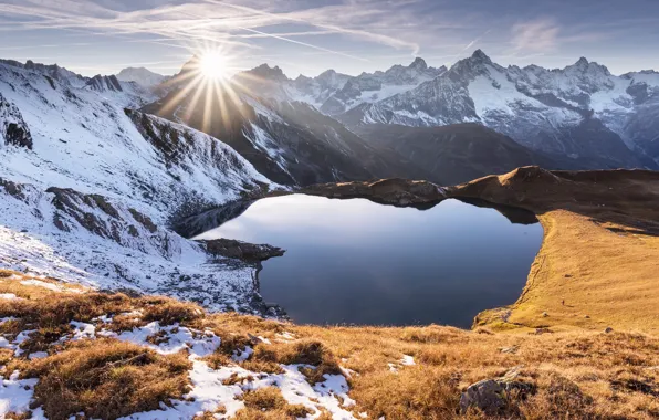 Winter, autumn, the sky, the sun, clouds, rays, light, snow