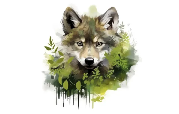 Greens, look, leaves, grey, wolf, portrait, watercolor, white background