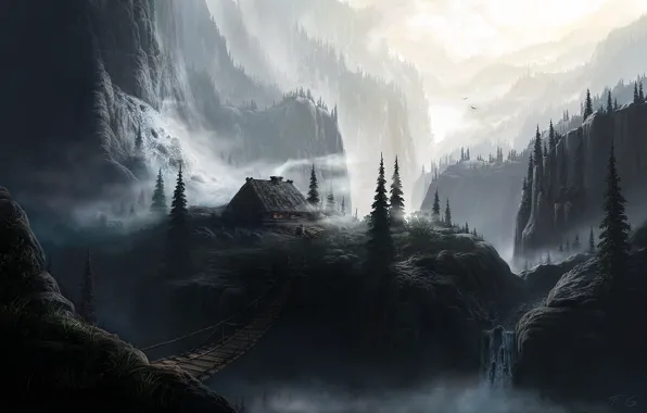 Forest, mountains, bridge, hut, Fel-X