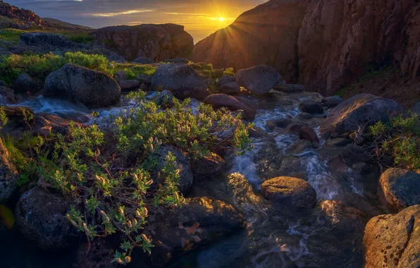 Picture the sun, rays, landscape, sunset, mountains, nature, river, stones