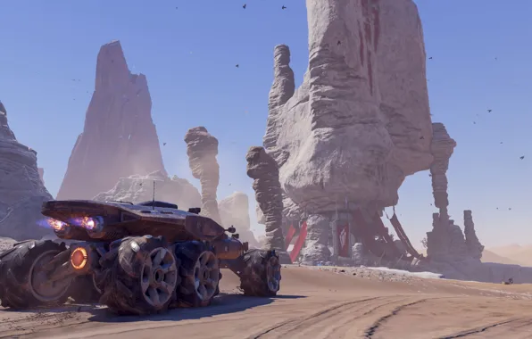 Car, Andromeda, game, sky, Mass Effect, sand, suna, montain