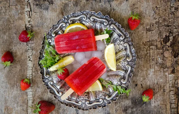 Picture ice cream, sticks, lemon, table, ice, strawberry, plate