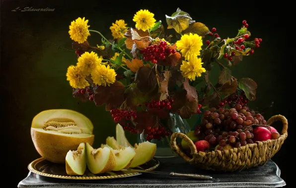 Autumn, flowers, apples, grapes, still life, melon, Kalina