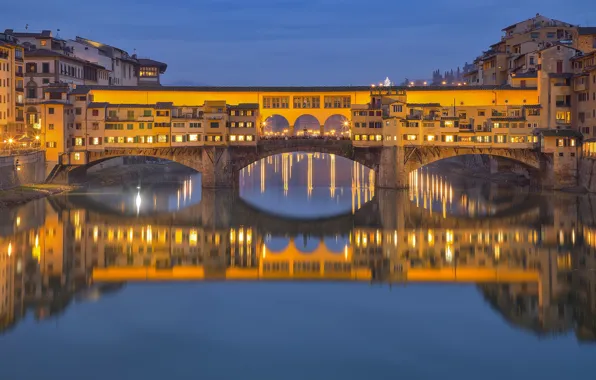 Lights, river, Italy, Florence, Old Bridge, Arno