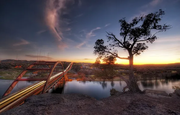 Picture sunset, bridge, river, Sunset, Austin