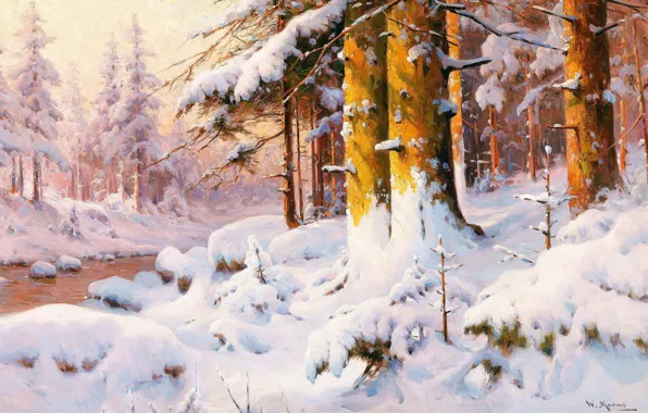 Winter, Trees, Snow, Stream, Picture, Pine, Walter Moras, Walter Moras