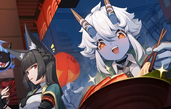 Girls, food, fantasy, Fox, horns, youkai, zenless zone zero, soukaku