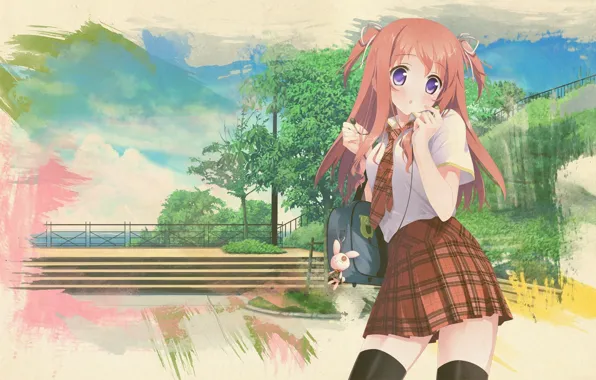 Anime, art, girl, schoolgirl, backpack, skirt