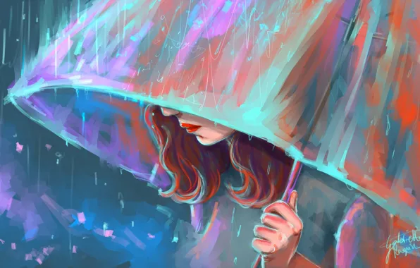 Girl, rain, umbrella, art