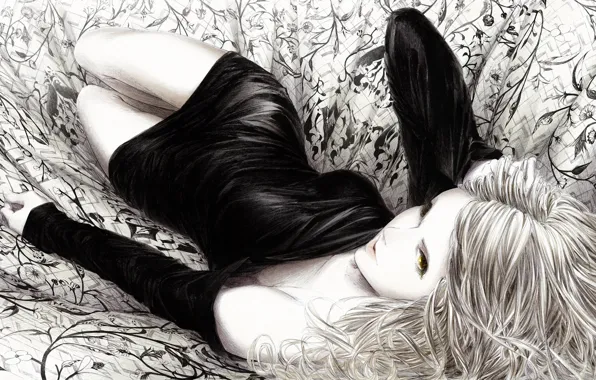 Girl, figure, dress, art, fabric, black and white, lying, monochrome