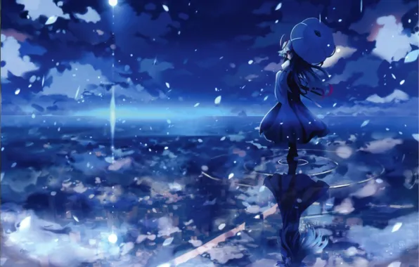 Water, clouds, reflection, the moon, umbrella, horizon, touhou, art