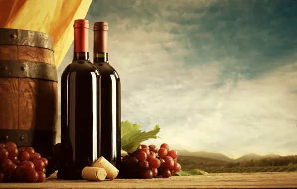 The sky, clouds, landscape, wine, grapes, tube, bottle, barrel