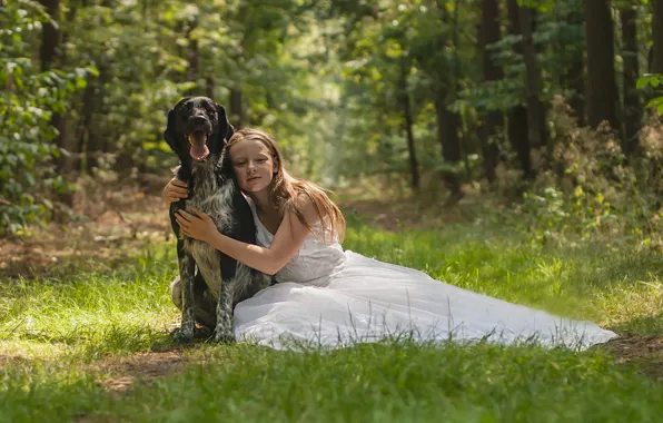 Picture forest, dog, dress, friendship, girl, friends