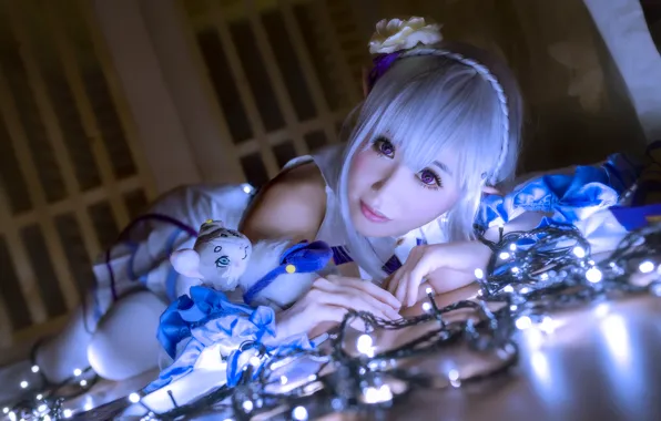 Picture look, girl, lights, Asian, garland