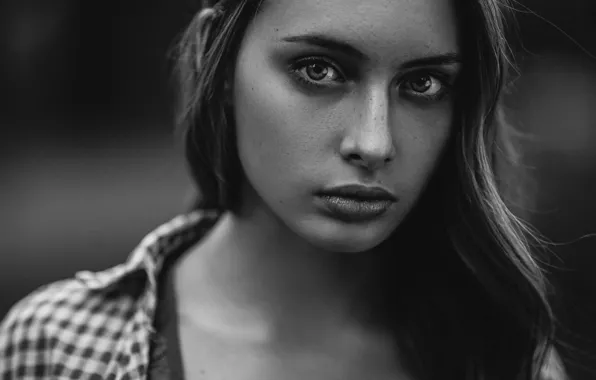 Look, girl, portrait, shirt, black and white photo