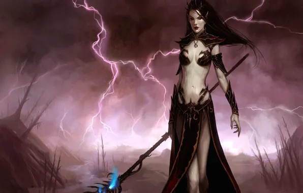 Girl, magic, lightning, elf, staff