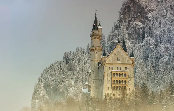 Winter, frost, forest, the sky, snow, mountains, castle, tower