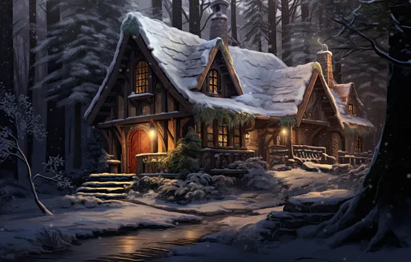 Winter, forest, snow, night, house, Christmas, New year, house