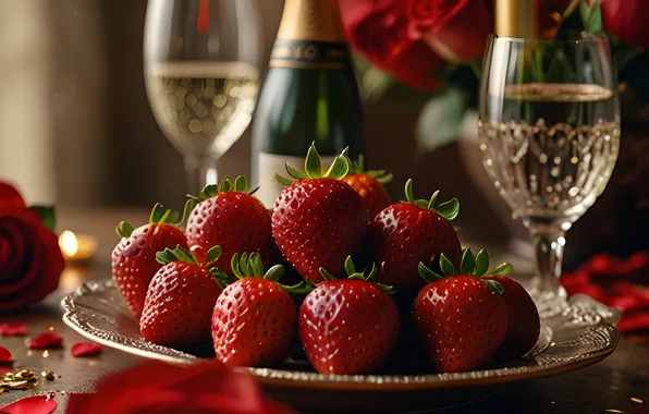 Flowers, berries, table, holiday, wine, bottle, roses, bouquet