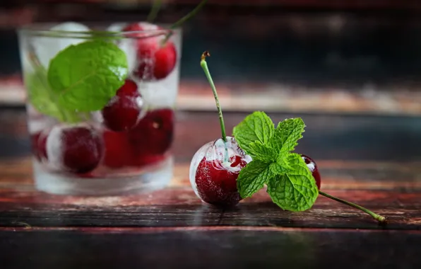 Ice, cocktail, ice, mint, cherry, cocktail, mint, cherries